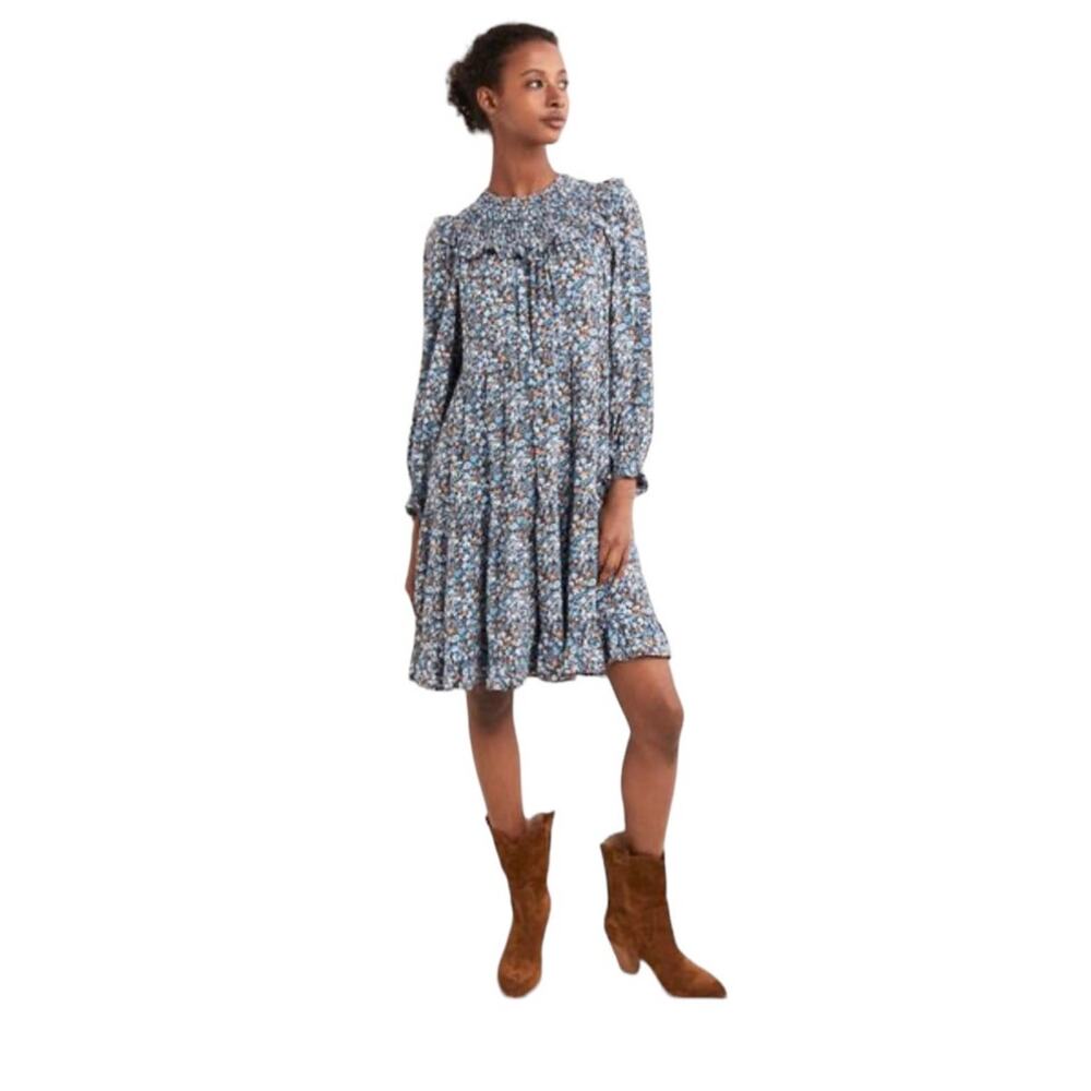 Boden Ditsy Floral Smocked Yoke Blue Mini Dress size 4L